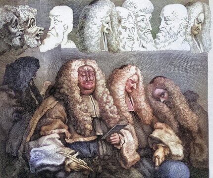 The Bench A facsimile of Hogarths own engraving intended to show the difference between character and cariacature from The Works of Hogarth published London 1833, Historisch, digital restaurierte Reproduktion von einer Vorlage aus dem 19. Jahrhundert, Record date not stated