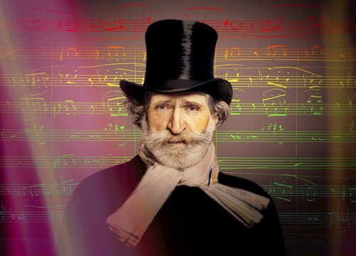 Giuseppe Verdi, 1813 &ndash; 1901, Italian opera composer, autograph notesheet from Don Carlos, digitally edited after a painting of Giovanni Boldini