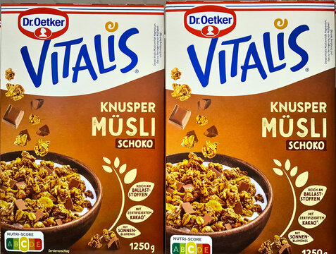 Kiel, Germany - 07. January 2026: Dr. Oetker Vitalis Knusper M&uuml;sli Schoko boxes