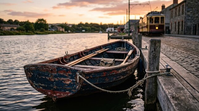 Vintage rowboat moored beside a tramway waterside dock at sunset with peeling paint and warm reflections