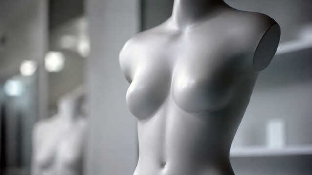 Close up of a white female torso mannequin with sculpted breasts in a modern display, representing body image, beauty standards and femininity