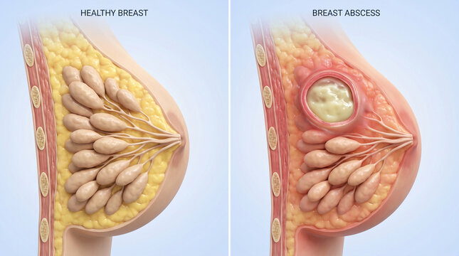 Breast Abscess Infection vs Healthy Breast Anatomy Comparison
