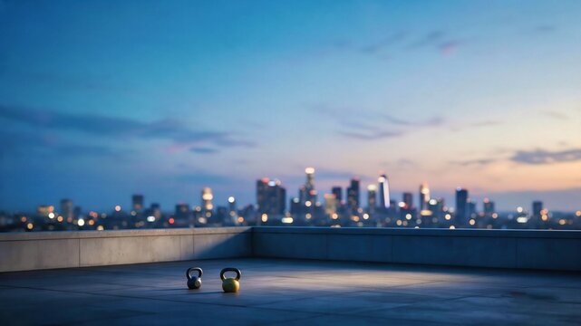 Empty twilight rooftop overlooking a distant city skyline with kettlebells for fitness lifestyle marketing.