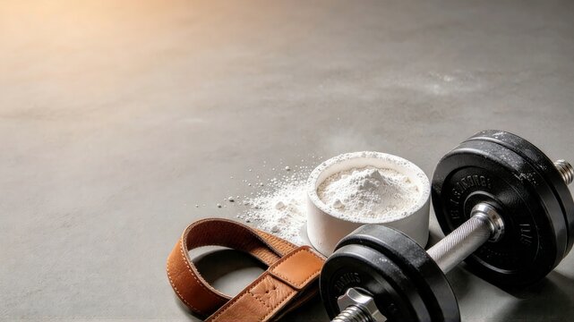 Dumbbell with chalk powder and a leather strap on a pale surface for fitness marketing.