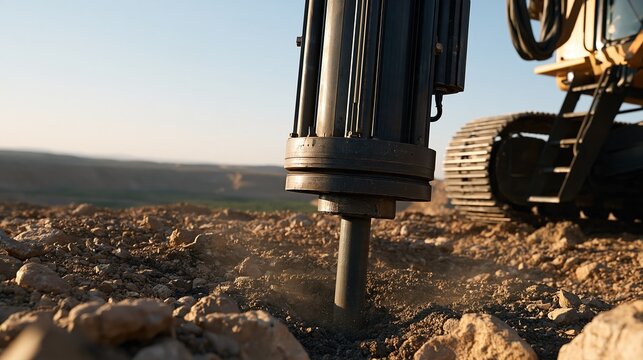 Heavy duty hydraulic breaker attachment on excavator digging into rocky ground with dust flying