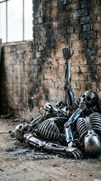 Metallic robot skeletons and mechanical limbs piled in a dystopian industrial setting with a single arm raised, representing technological obsolescence and the future of artificial intelligence.