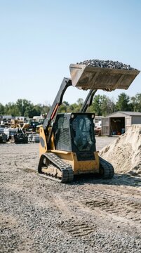 Skid-steer loader with raised bucket filled with crushed stone moving sand at a construction site for industrial project development and infrastructure building