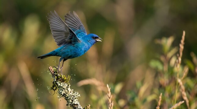 Close-up of a bright blue bunting bird perched on a mossy branch with wings raised and beak open, captured in a moment of activity against a soft blurred natural background