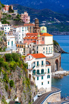 Atrani, Italy: Morning lights over cliff-hanging village on Amalfi Coast, Campania
