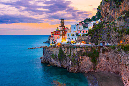 Atrani, Italy: Morning lights over cliff-hanging village on Amalfi Coast, Campania