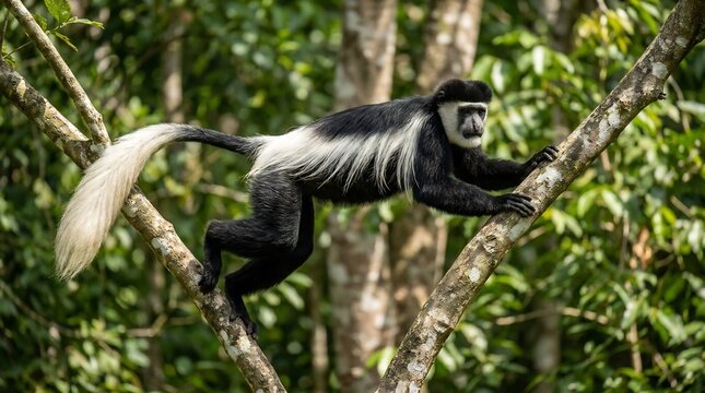 Black and white primate with a long fluffy tail balancing on a thick tree branch within a lush tropical forest, observing surroundings with a focused gaze