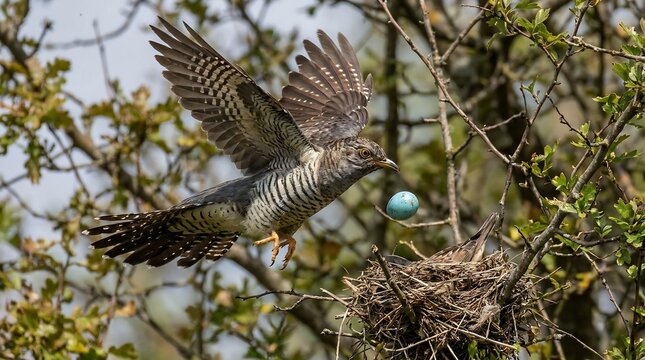 striped cuckoo bird in mid-flight dropping a small pale blue egg into a twig nest hidden among green leaves and branches representing a unique natural brood parasitism behavior.