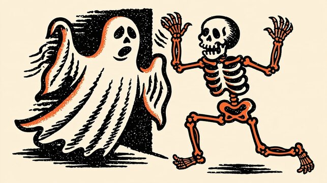 Vintage Halloween illustration of a startled skeleton fleeing from a spooky ghost emerging from a doorway