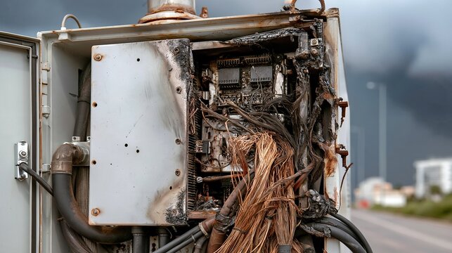 Damaged electrical junction box with burnt wires and melted components under stormy sky