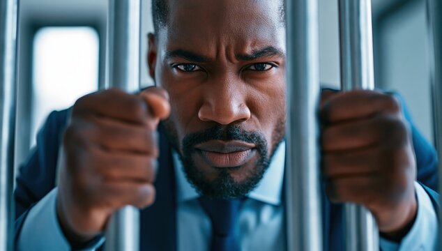 Businessman in suit gripping steel bars in jail cell. White-collar crime and corruption concept. Guilt, punishment and legal consequences. Justice system.