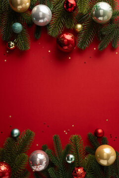 Merry Christmas and Happy New Year vertical red ornament border with pine branch and festive decor