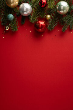 Merry Christmas and Happy New Year vertical red holiday background with fir branches and ornaments