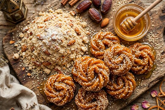 Top View Moroccan Ramadan Sweets Sellou Sfouf and Chebakia with Honey and Almonds