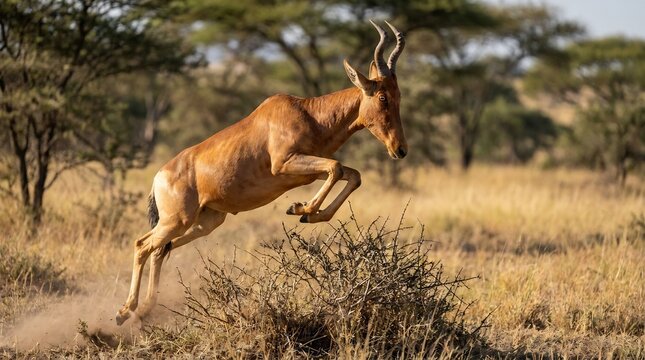 Powerful hartebeest antelope jumping through dry savanna terrain kicking up dust clouds amidst golden grass and scattered trees during a high-energy movement in the wild