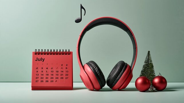 Red headphones with July calendar and festive ornaments, suggesting holiday music or a summer Christmas