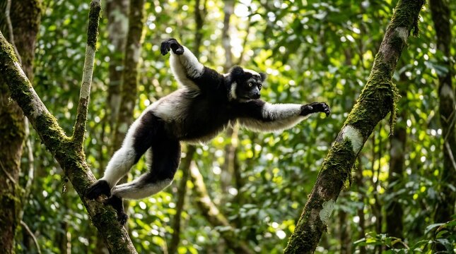 Black and white lemur captured in mid-air while leaping between mossy tree branches in a dense tropical rainforest with soft dappled sunlight filtering through.