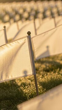 Vertical video: Rippling white flag on short pole in light breeze on grassy field, showing rows