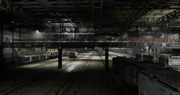 dimly lit train depot interior at night showing rows of parked trains, overhead cranes, shadowed tracks and industrial ceiling silent atmosphere with gritty