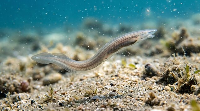 Small Transparent Lancelet Swimming Near Sandy Seabed with Particles in Clear Blue Water