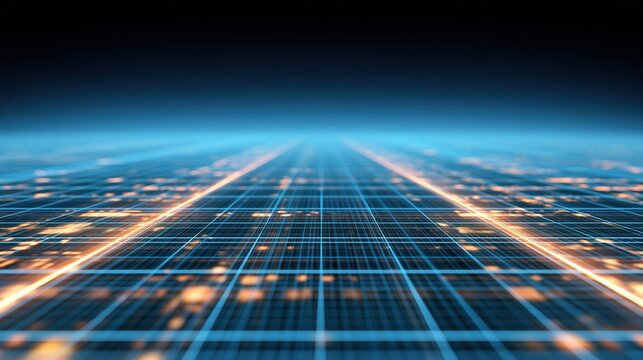 Abstract digital grid receding into glowing futuristic cityscape, representing data flow and technological advancement