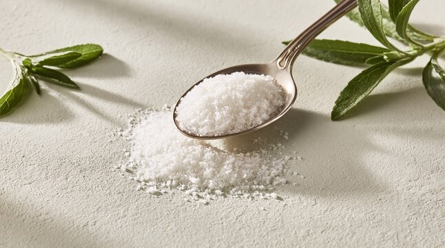 Close up of a silver spoon filled with granulated sweetener, surrounded by fresh stevia leaves on a light surface