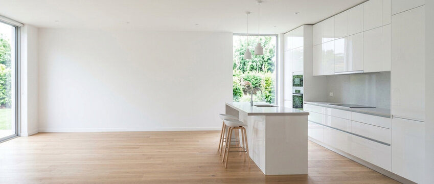 Modern White Kitchen with Island and Large Windows Overlooking Garden