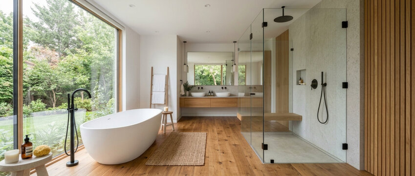 Modern Spa Bathroom with Freestanding Tub Glass Shower and Lush Garden View