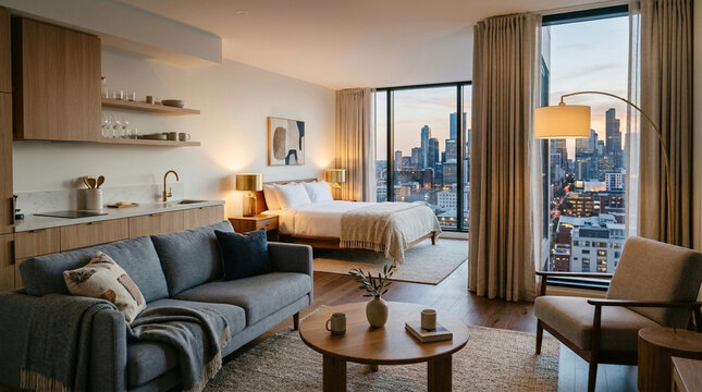 Modern Studio Apartment with City View at Dusk Cozy Living Room Bedroom and Kitchenette
