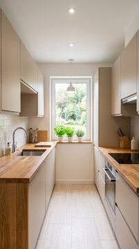 Modern U shaped kitchen with wooden countertops and a large window overlooking a garden minimalist design