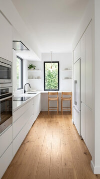 Modern White Kitchen with Island Wooden Countertops and Bar Stools Bright Natural Light
