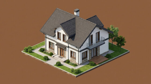 Modern suburban house illustration isometric view of a two story family home with garden and patio