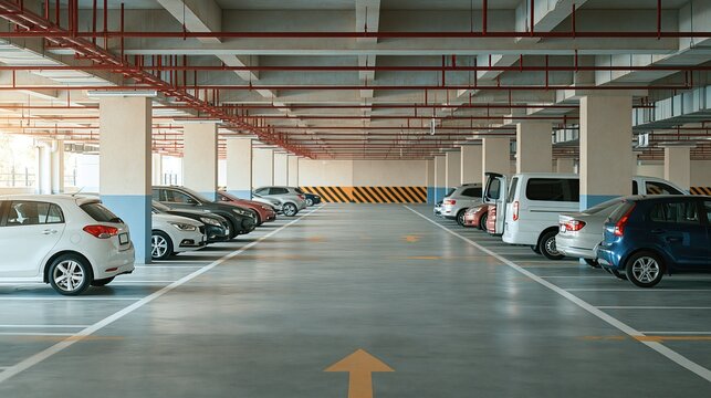 Modern Indoor Parking Garage with Lined Spaces and Rows of Cars Under Fluorescent Lighting
