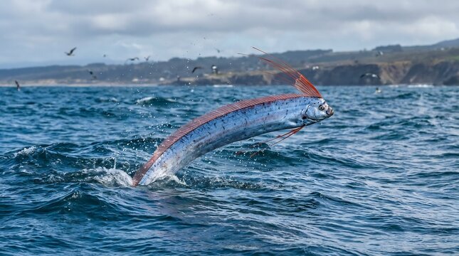 Rare silver oarfish leaping from deep blue ocean waters with red dorsal fin visible against a coastal backdrop featuring distant birds and splashing sea foam in natural light
