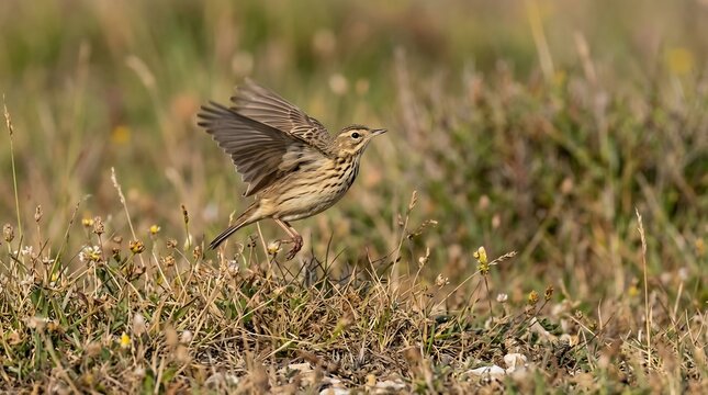 small brown pipit bird captured in mid-air with wings spread while taking flight from a grassy field filled with tiny wildflowers under soft natural daylight