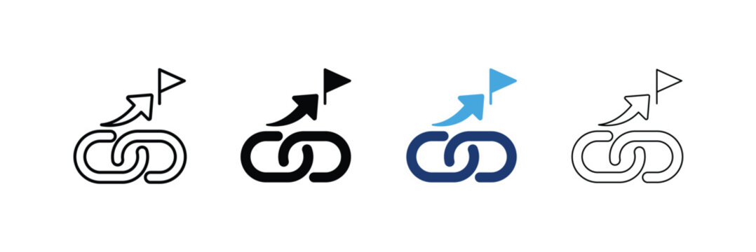 Assisted conversion icon set. Hyperlink chain with progress arrow and goal flag Icons. Outline, Glyph, two-tone and editable stroke vector illustration.