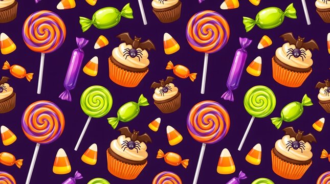 Colorful Halloween Candy and Cupcakes Seamless Pattern