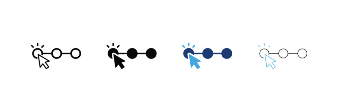 First click icon set. Attribution timeline nodes with mouse cursor selecting start point Icons. Outline, Glyph, two-tone and editable stroke vector illustration.