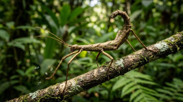 evocative representation of nature's hidden artistry featuring a slender stick insect blending seamlessly with a weathered branch against a soft blurred green forest backdrop.