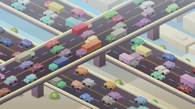 Isometric City Highway Interchange with Busy Car Traffic in Daylight