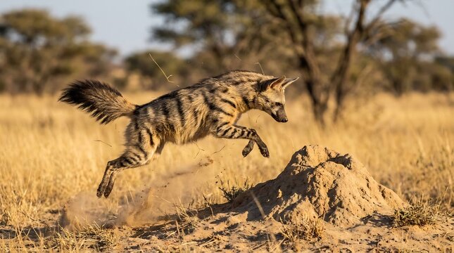 Dynamic action shot of a striped aardwolf leaping over a termite mound in the wild, symbolizing agility and survival within a dusty golden savanna landscape during the daylight hours
