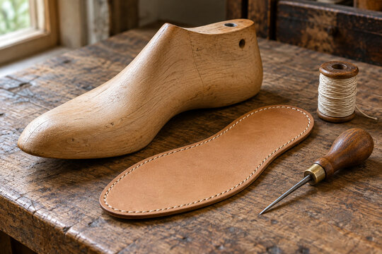 Wooden shoe last with a stitched leather insole and shoemaking tools