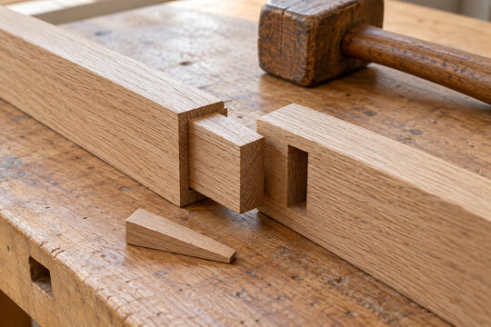 Partly assembled timber mortise and tenon joint on a workbench