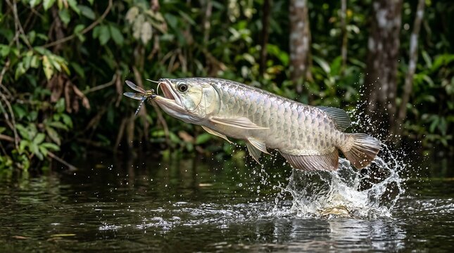 powerful arowana leaps from the river surface in a dynamic strike to catch a dragonfly, capturing a fleeting moment of survival and predatory instinct in the wild.