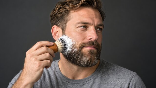 Bearded man using a soft shaving brush against a dark gray background