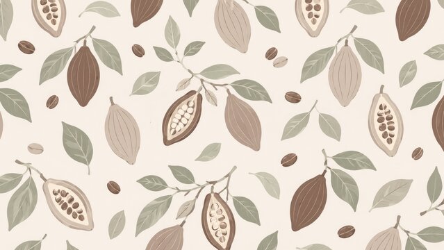 Pattern of cocoa pods, cacao beans and leaves in neutral beige and brown tones